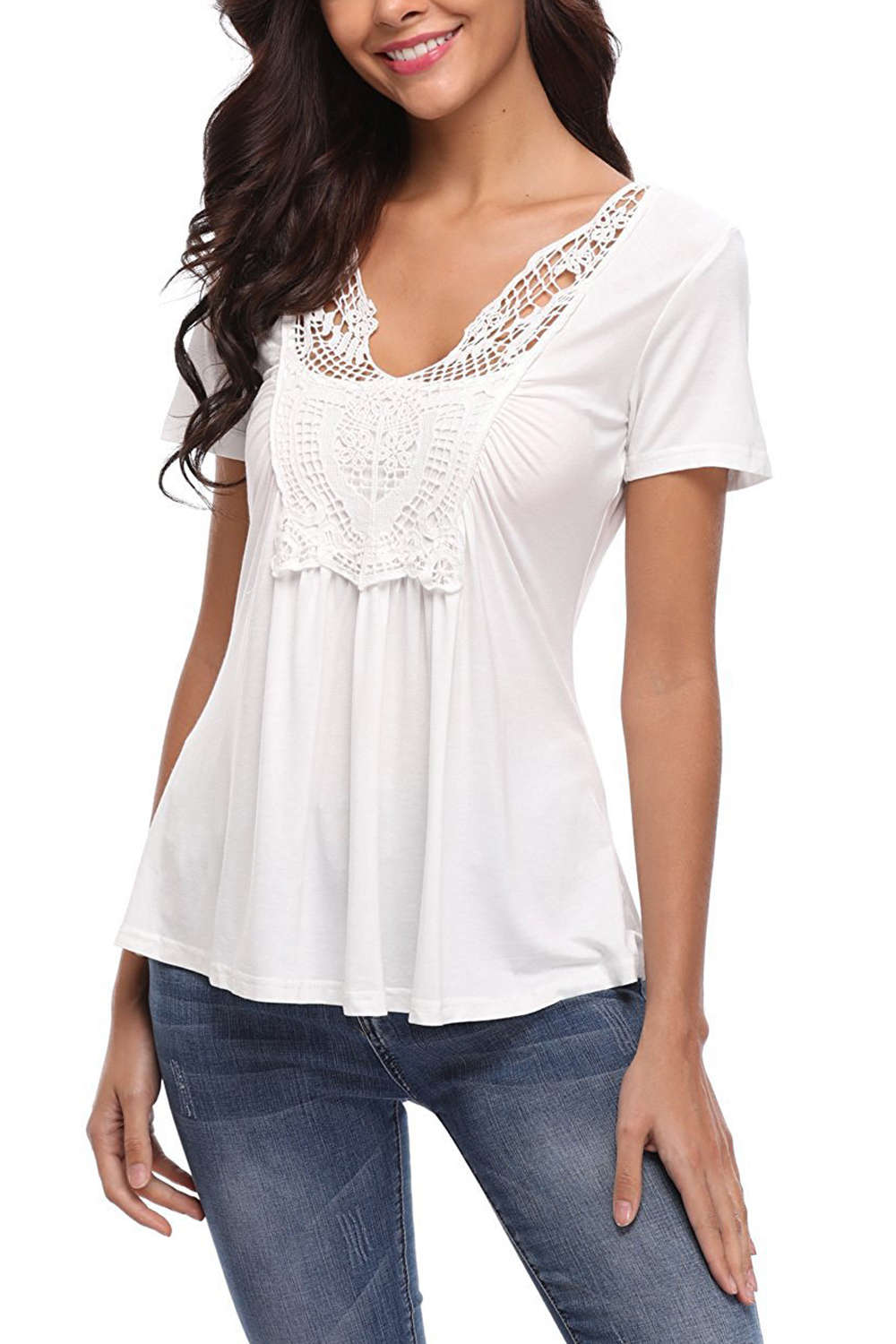 Iyasson Lace Panel V Neck Short Sleeve T Shirt