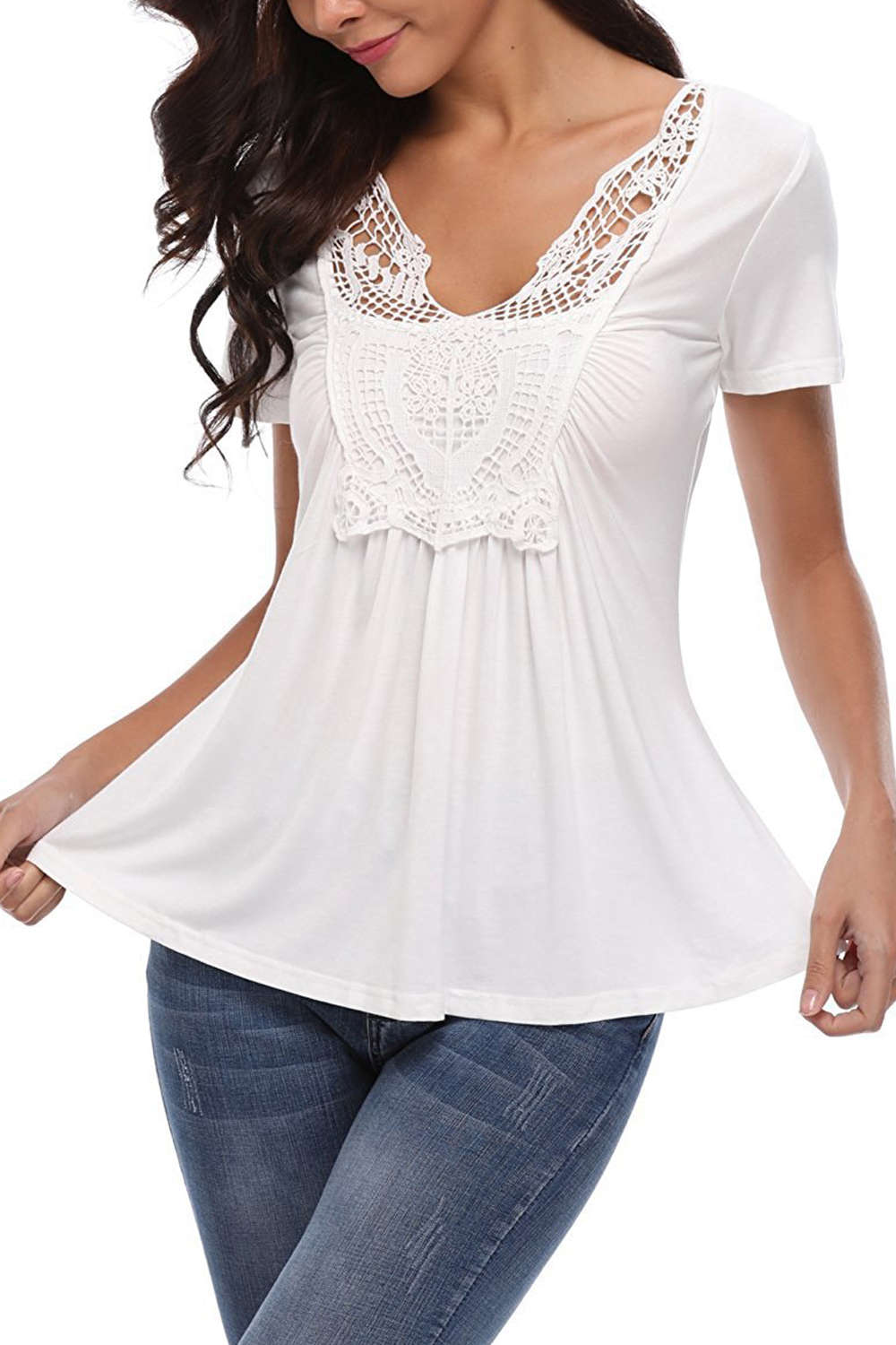 Iyasson Lace Panel V Neck Short Sleeve T Shirt