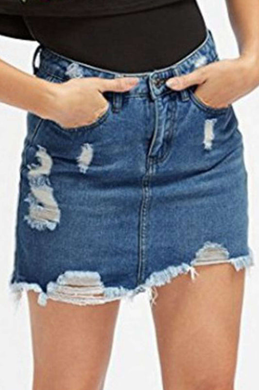 Iyasson Women's Casual Distressed Ripped A-Line Denim Skirt