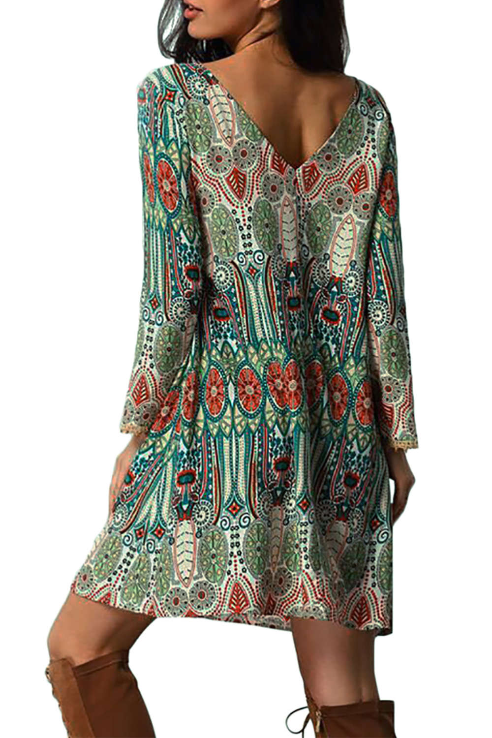 Iyasson Women Bohemian Long Sleeve Casual Tunic Dress