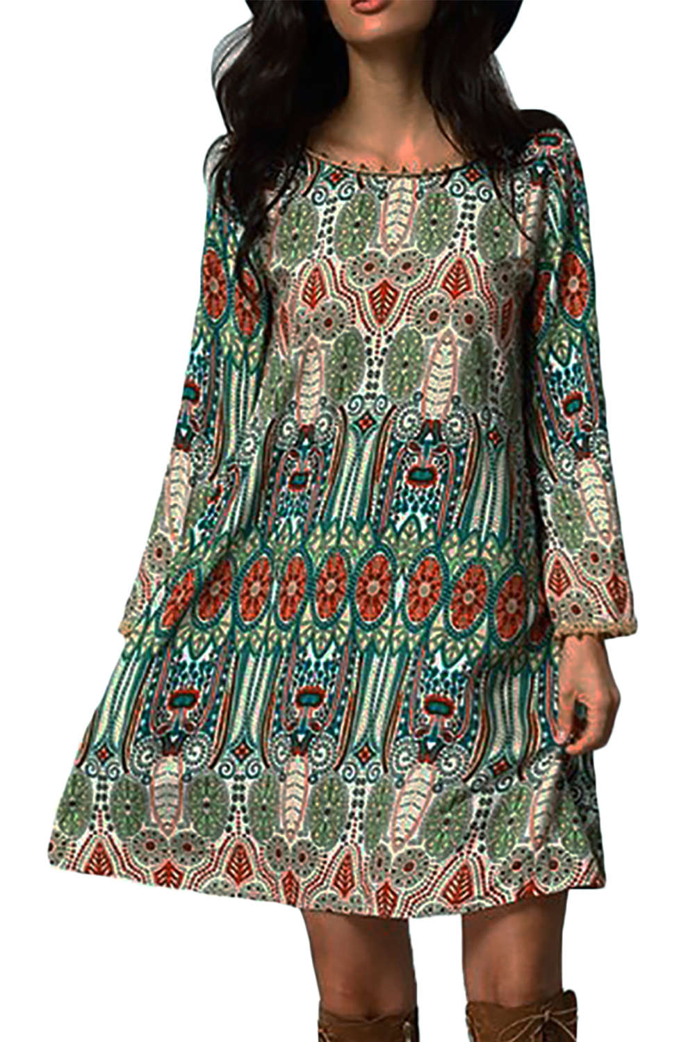 Iyasson Women Bohemian Long Sleeve Casual Tunic Dress