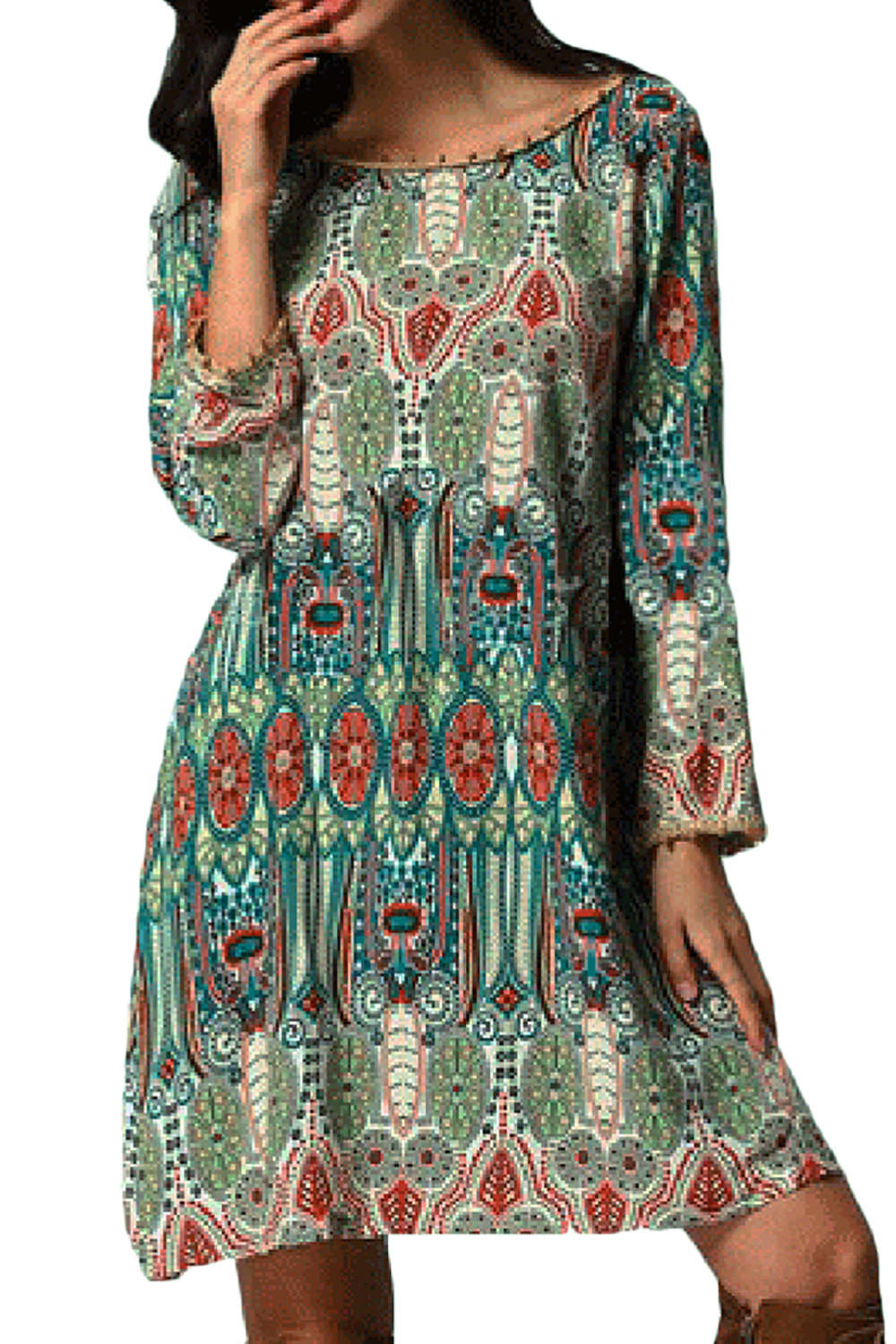 Iyasson Women Bohemian Long Sleeve Casual Tunic Dress