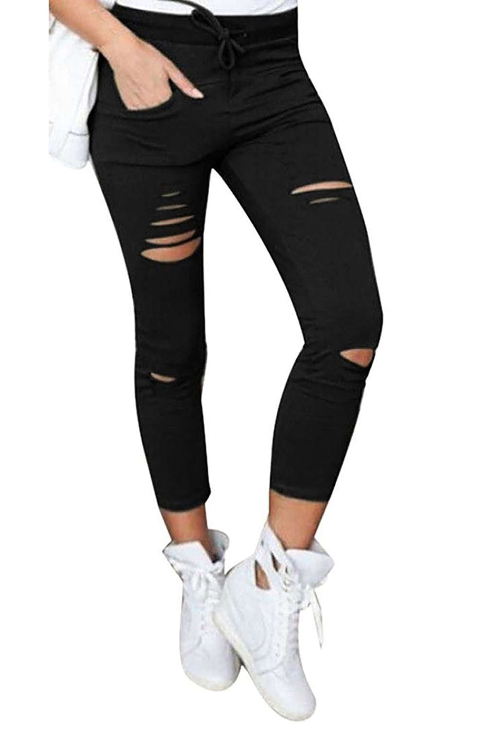 Iyasson Women Skinny Ripped Pants High Waist Stretch Slim Pencil Trousers