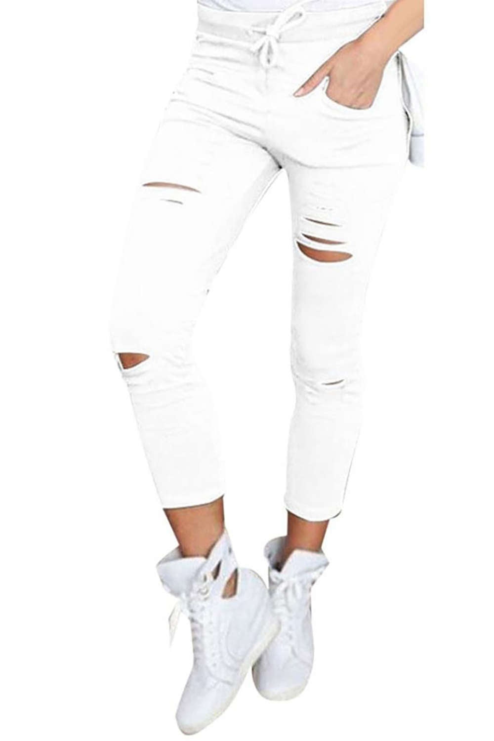 Iyasson Women Skinny Ripped Pants High Waist Stretch Slim Pencil Trousers