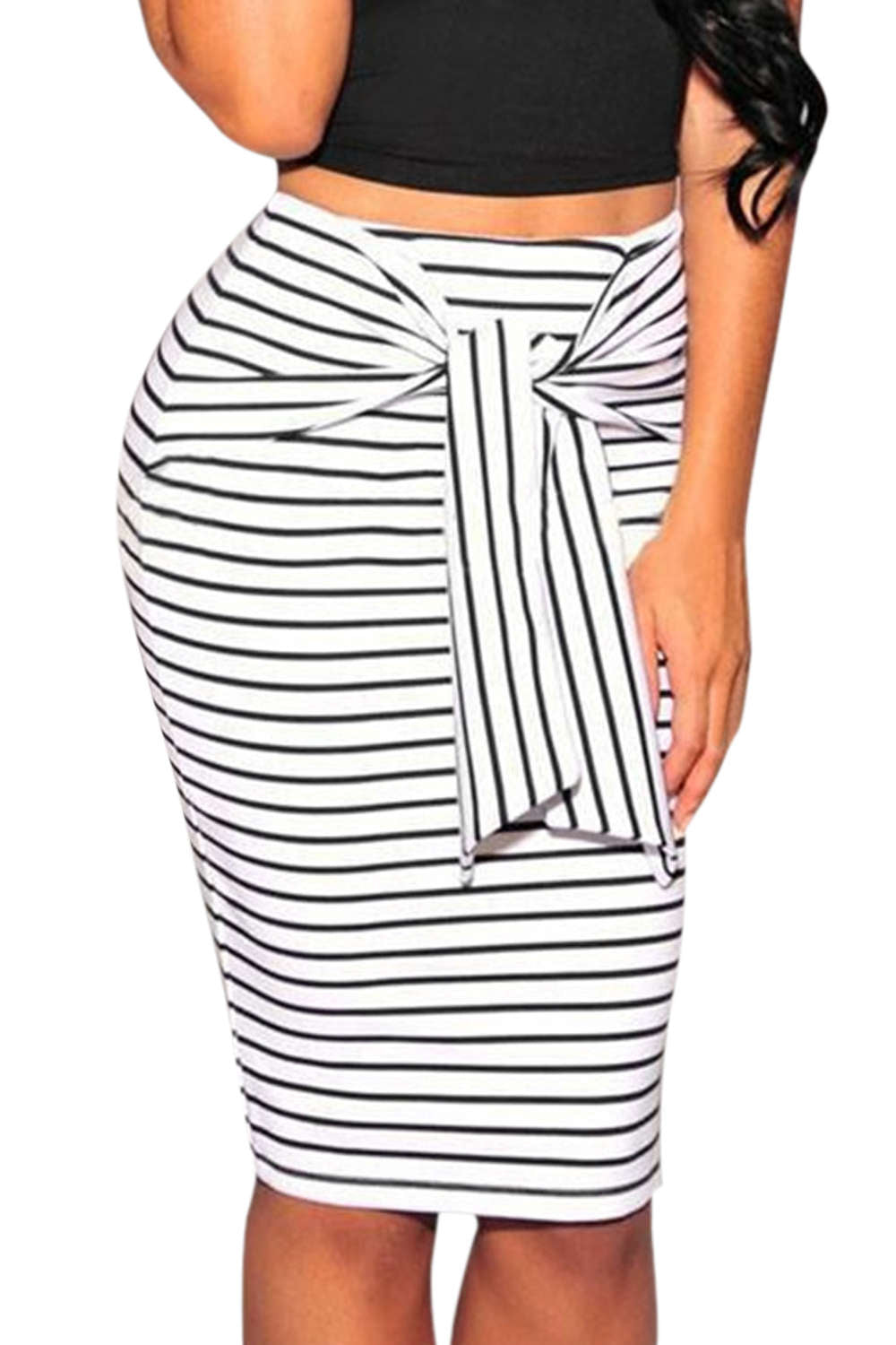 Iyasson Striped Waist Tied Bodycon Skirt