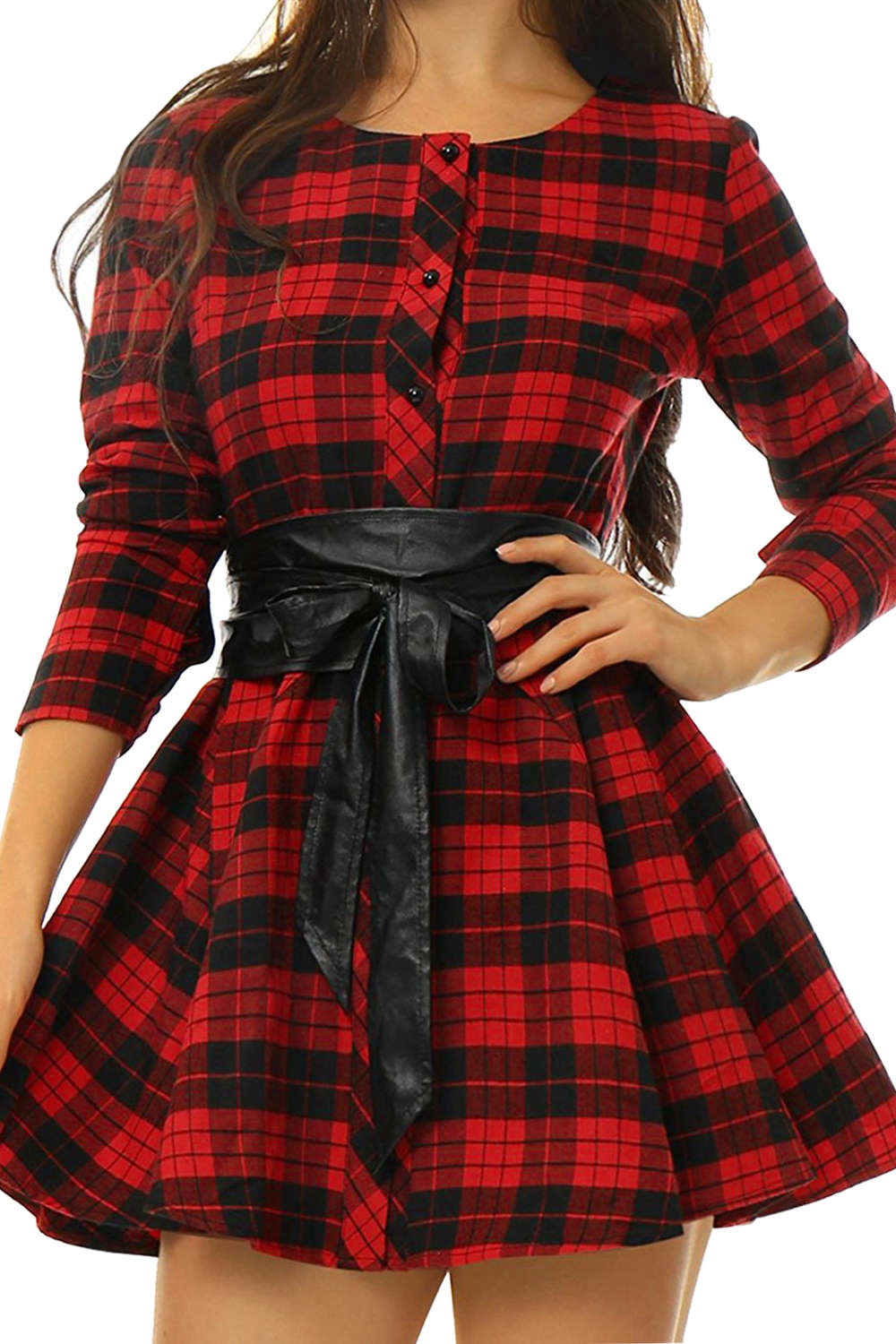 Iyasson Women's Long Sleeve Plaid Print Shirt Dress