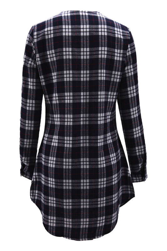 Iyasson Deep V-neck Lace Up Plaid Shirt Dress