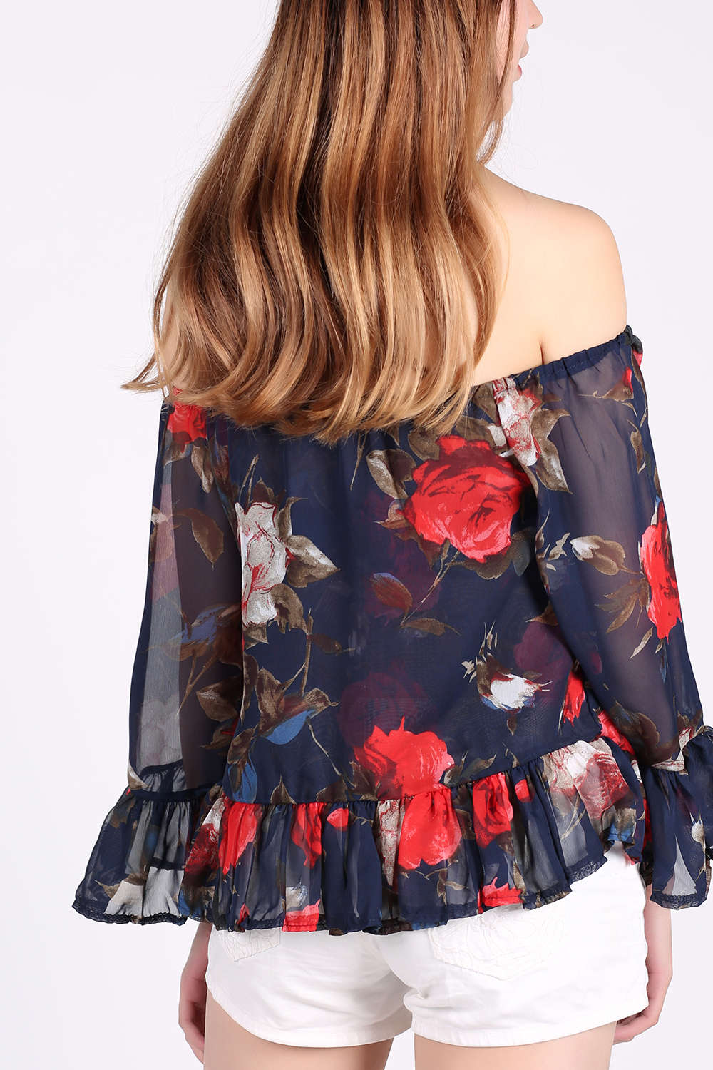 Iyasson Women's Casual Floral Off Shoulder Chiffon Blouse