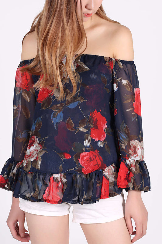 Iyasson Women's Casual Floral Off Shoulder Chiffon Blouse