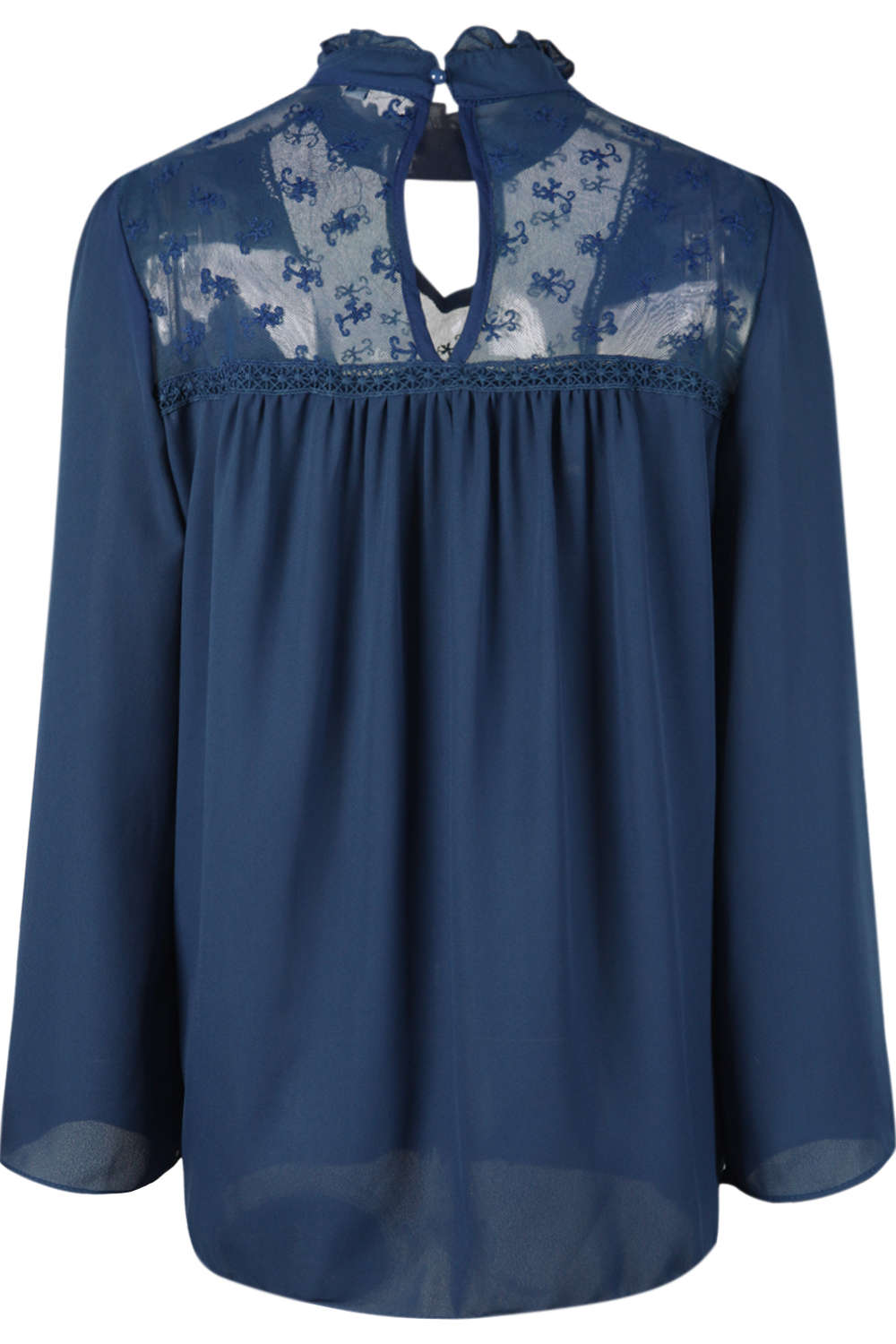 Iyasson Woman Long Sleeve Lace Stitching Chiffon Shirt