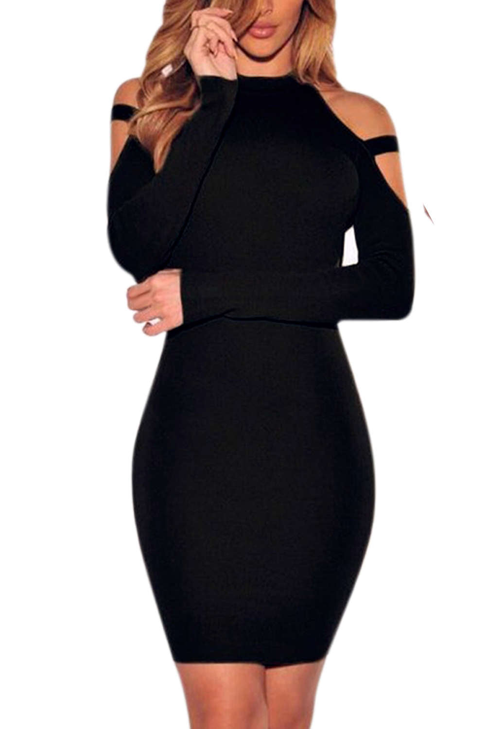 Iyasson Womens Sexy Long Sleeve Cold Shoulder Bodycon Club Dresses