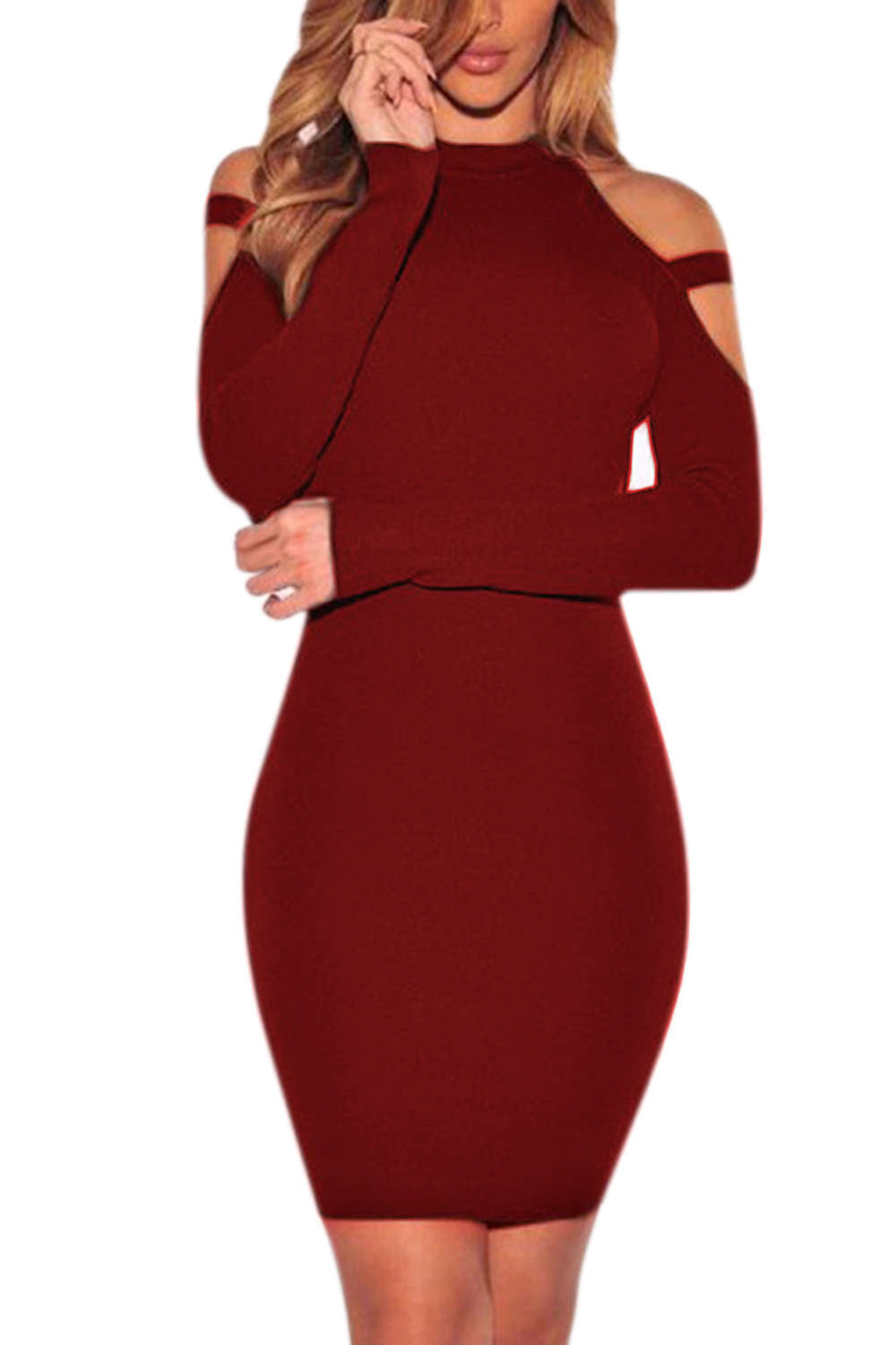 Iyasson Womens Sexy Long Sleeve Cold Shoulder Bodycon Club Dresses