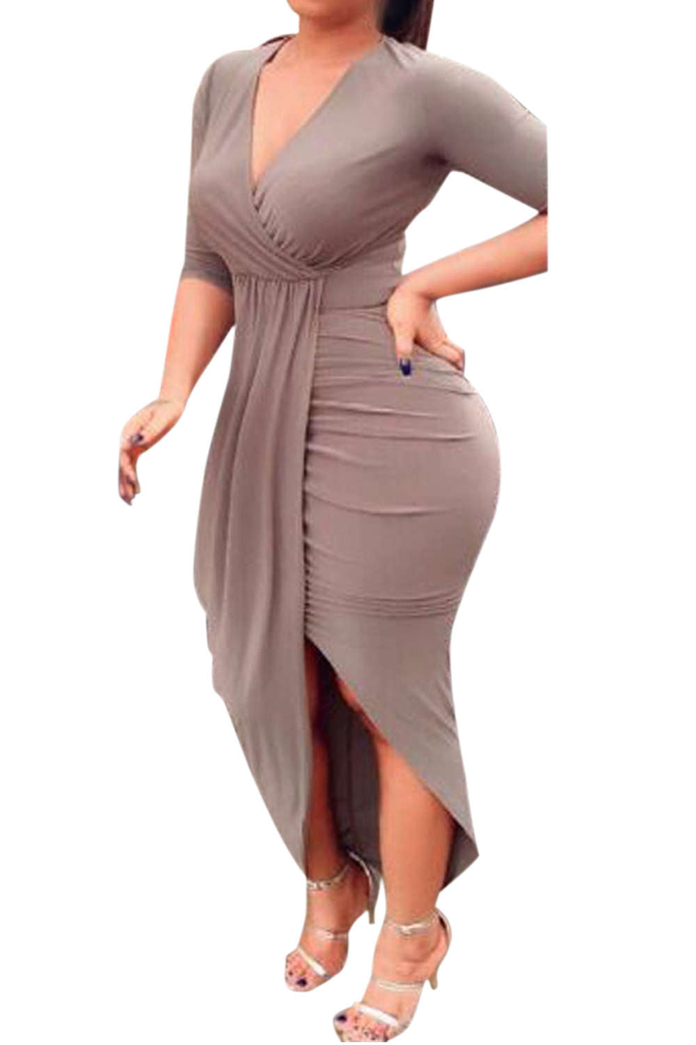 Iyasson Womens Deep V Neck Bodycon Wrap Dress