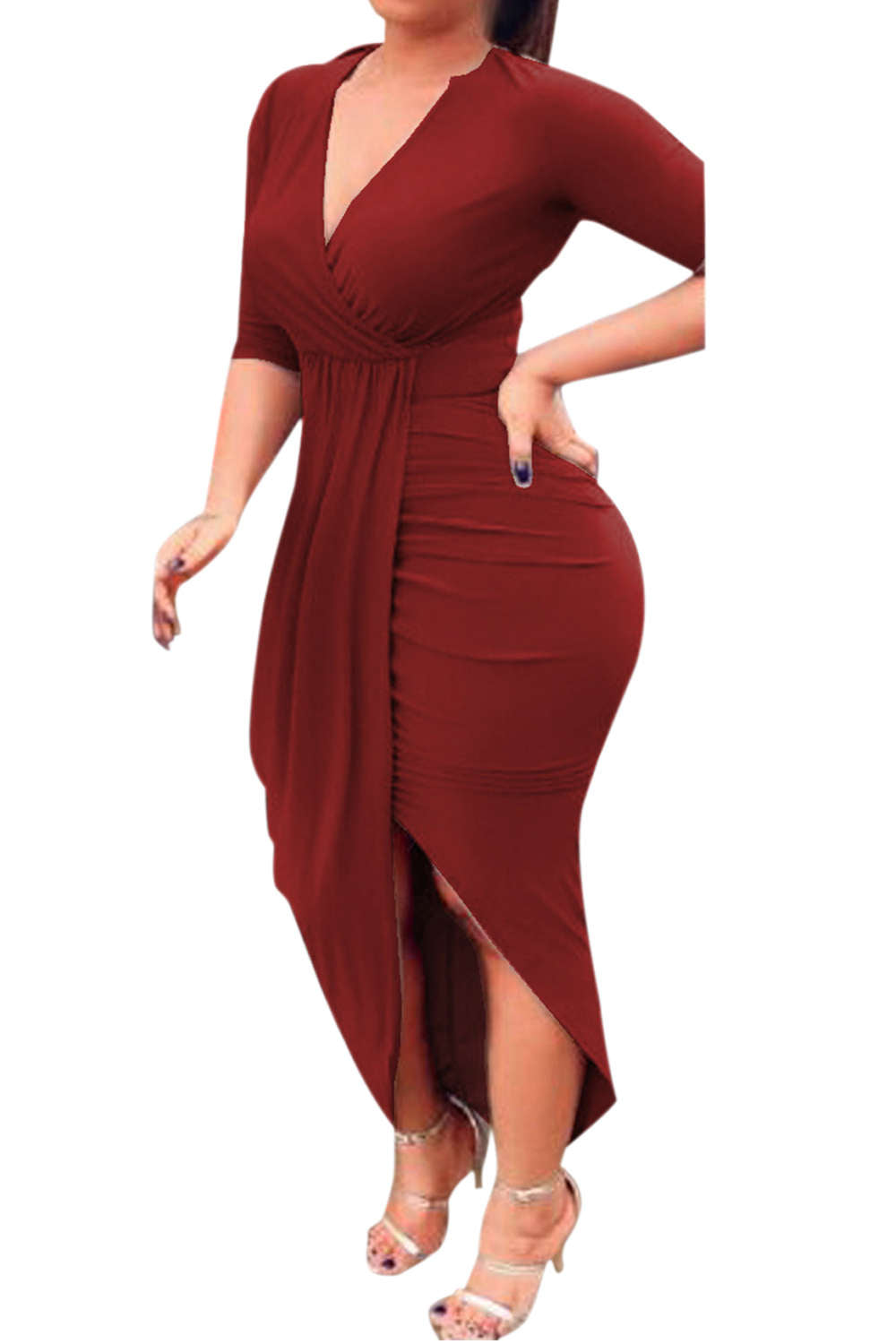 Iyasson Womens Deep V Neck Bodycon Wrap Dress