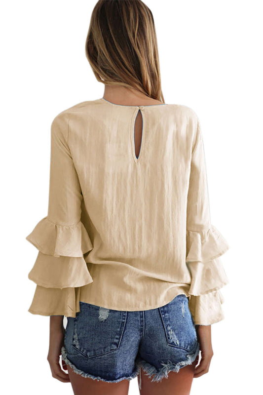 Iyasson Round Neck Bell-Sleeve Blouse Top