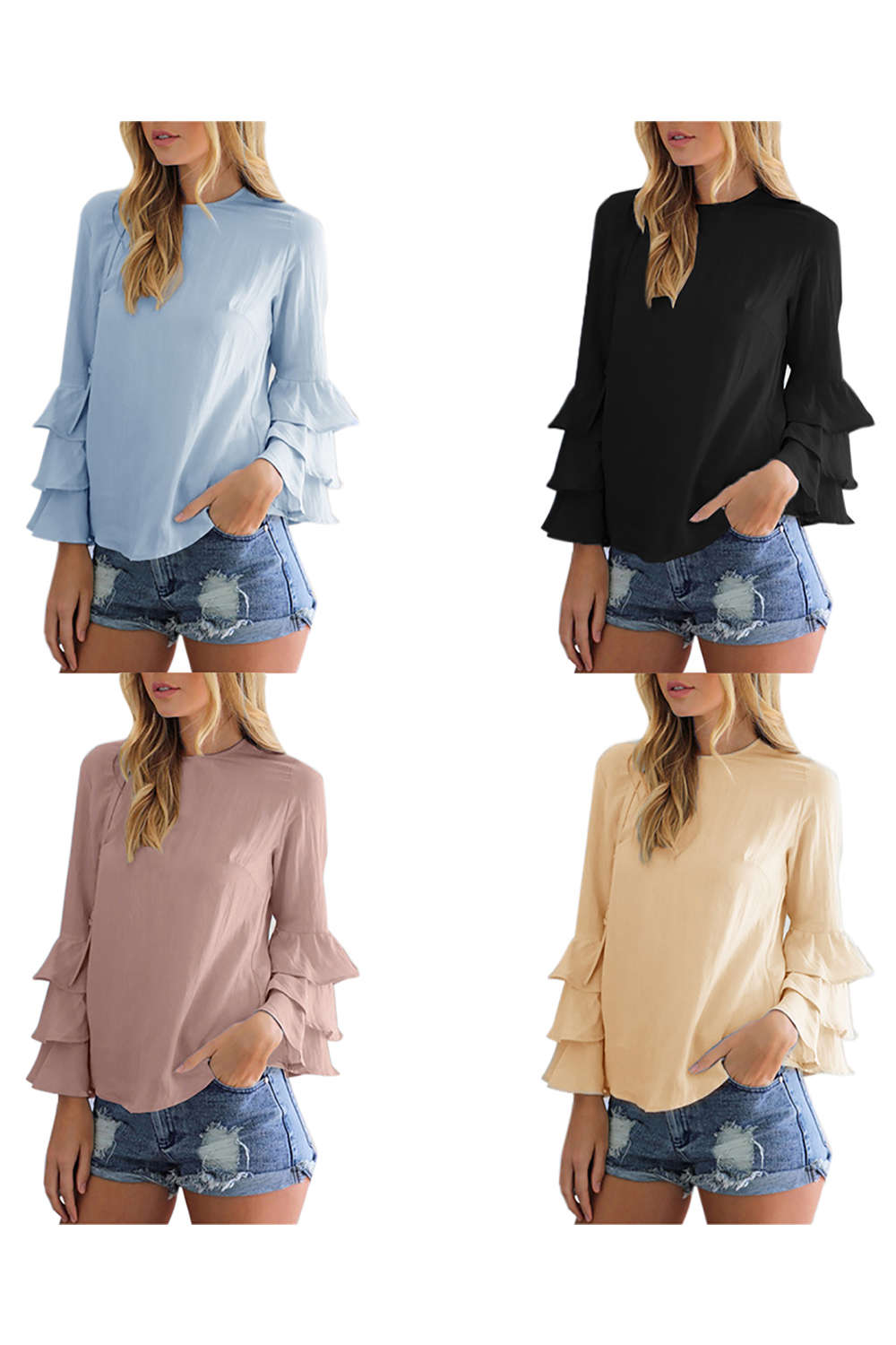 Iyasson Round Neck Bell-Sleeve Blouse Top