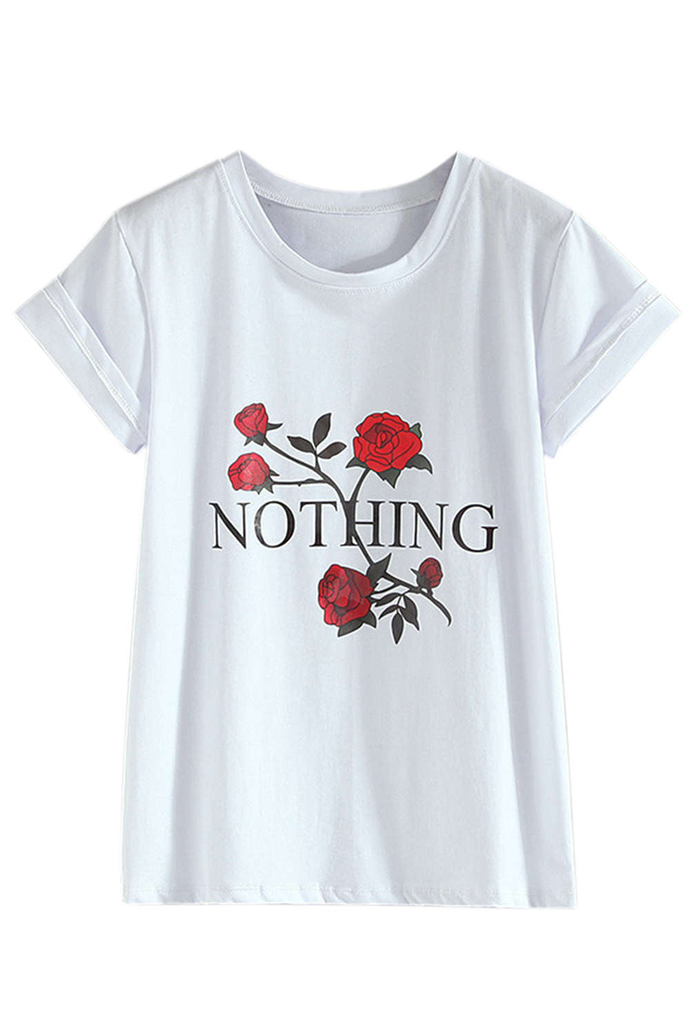 Iyasson Rose Print Round Collar Cotton T-shirt