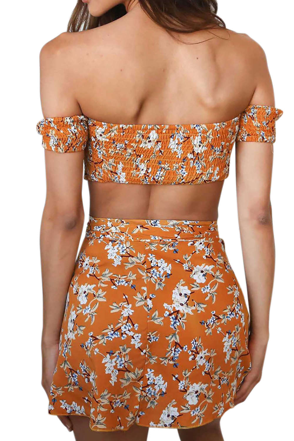 Iyasson Women Vintage Floral Off Shoulder Short Skirt Set