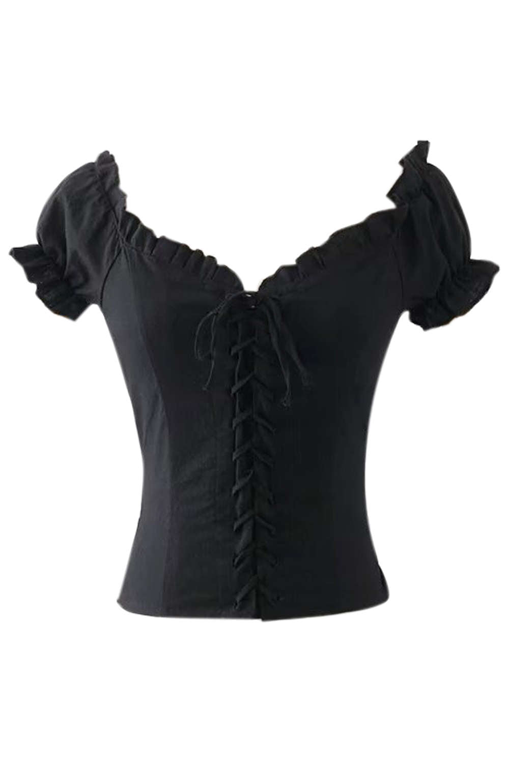 Iyasson Retro Frill Edge Short Sleeve Lace-up Fitted Top