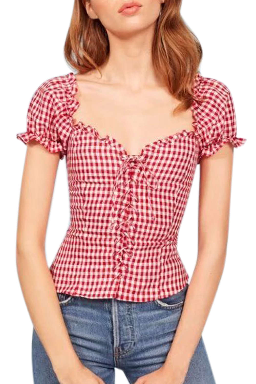 Iyasson Retro Frill Edge Short Sleeve Lace-up Fitted Top