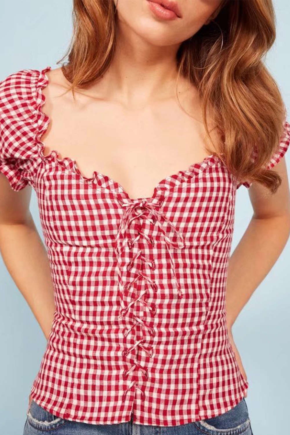 Iyasson Retro Frill Edge Short Sleeve Lace-up Fitted Top