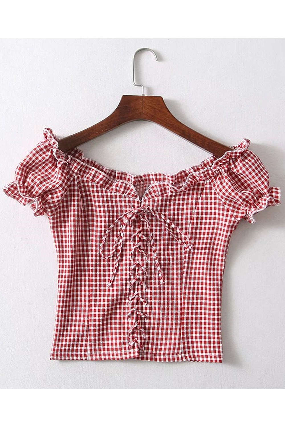 Iyasson Retro Frill Edge Short Sleeve Lace-up Fitted Top