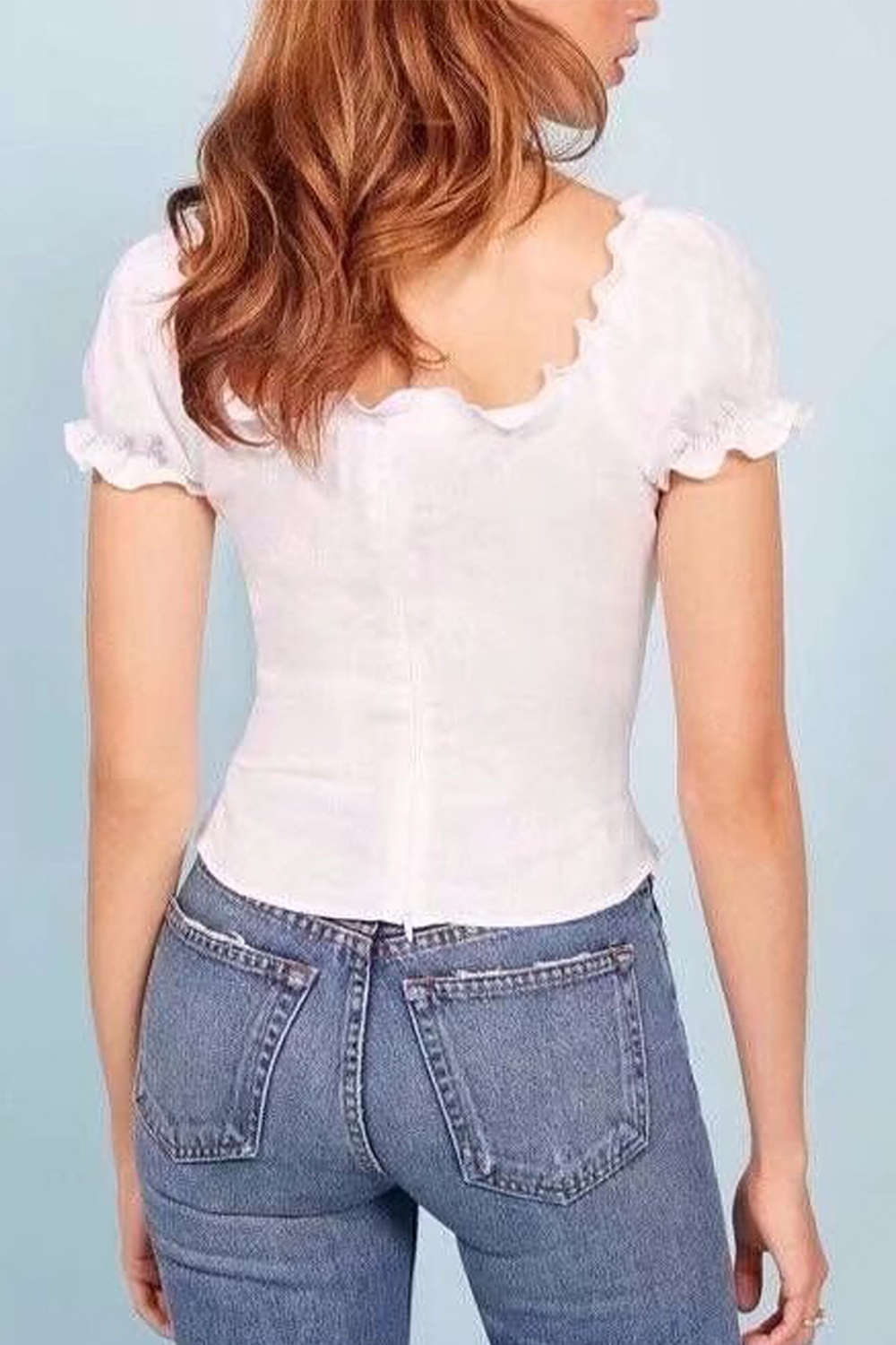 Iyasson Retro Frill Edge Short Sleeve Lace-up Fitted Top