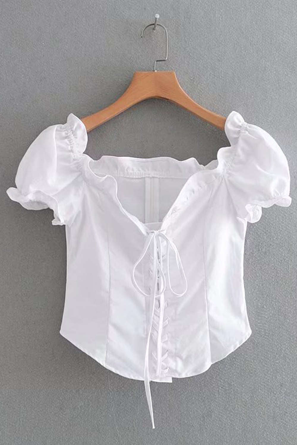 Iyasson Retro Frill Edge Short Sleeve Lace-up Fitted Top