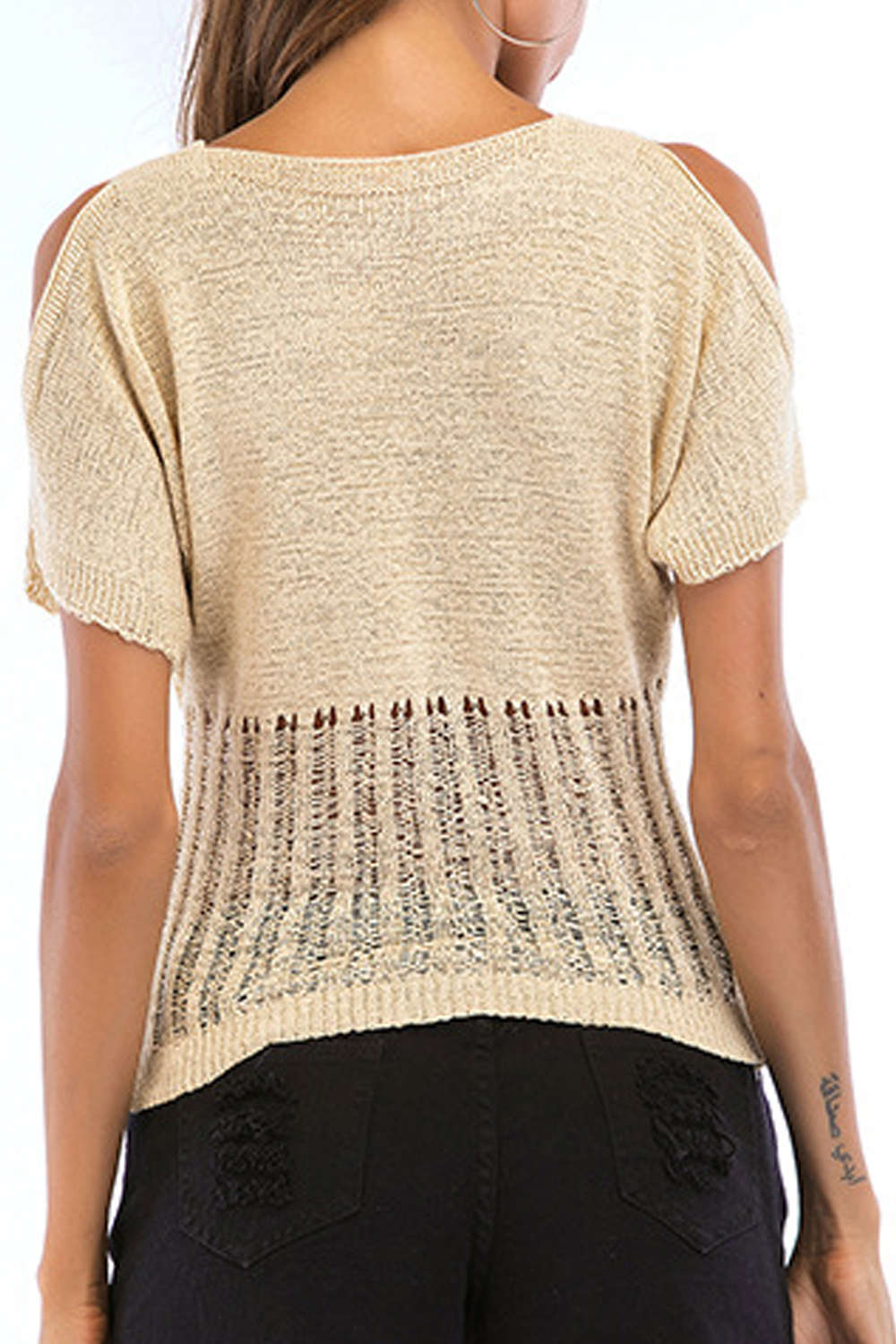 Iyasson Cold shoulder V-neck Hollow-out Knitted Tops