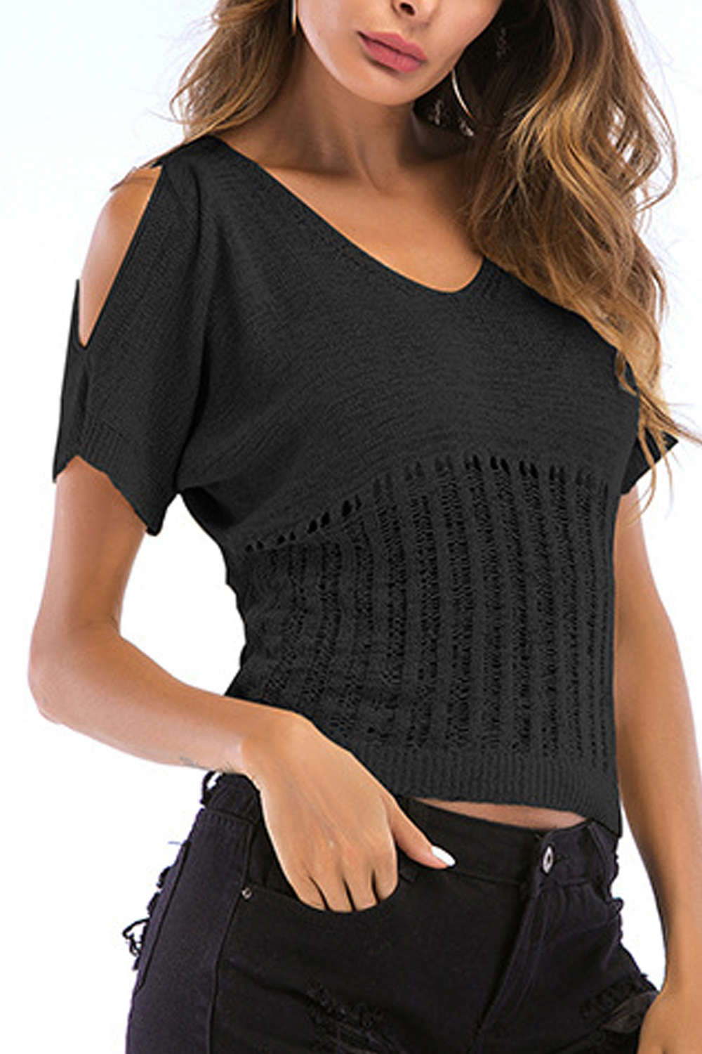 Iyasson Cold shoulder V-neck Hollow-out Knitted Tops