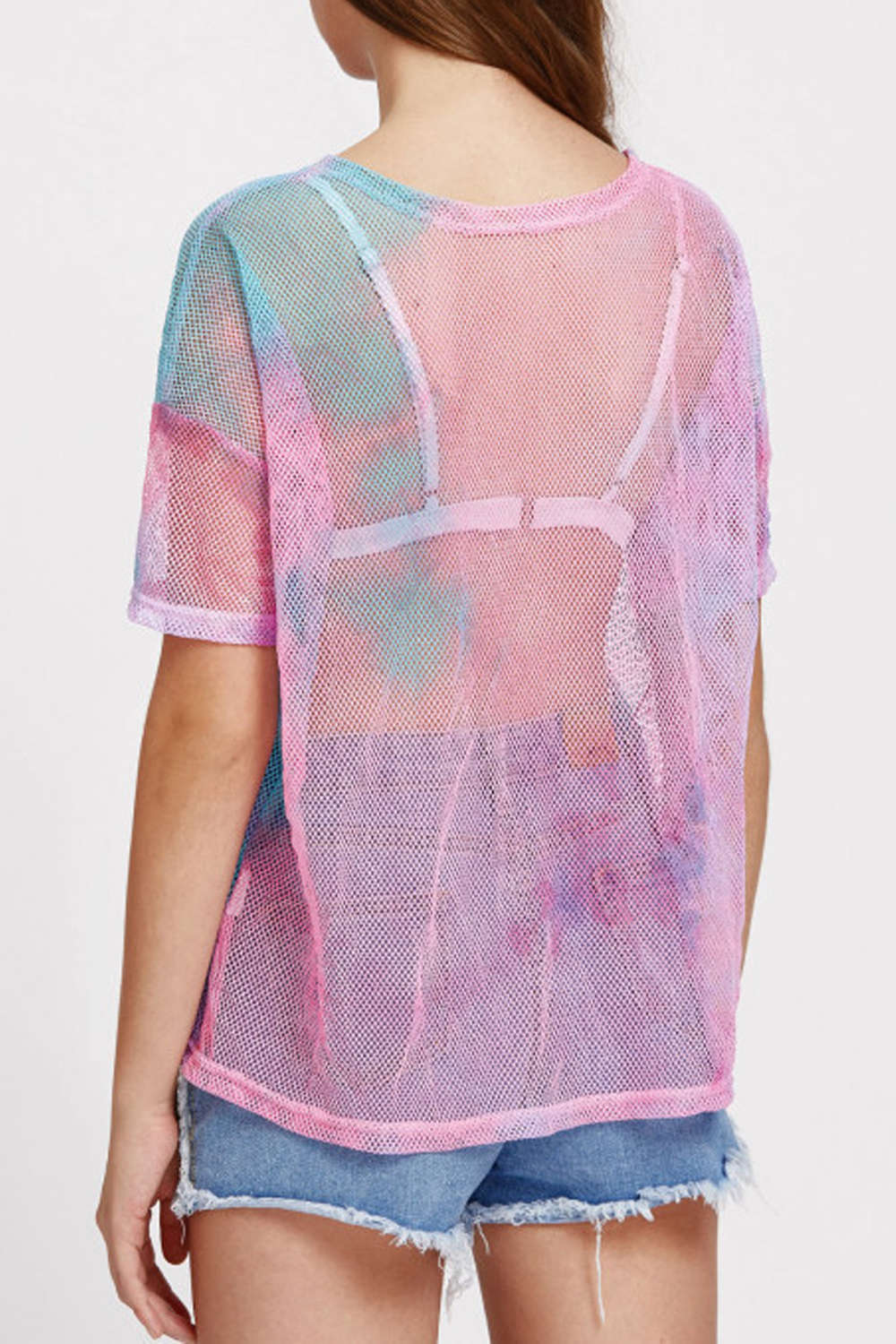 Iyasson Tie-dye Perspective Mesh See Through T-shirt
