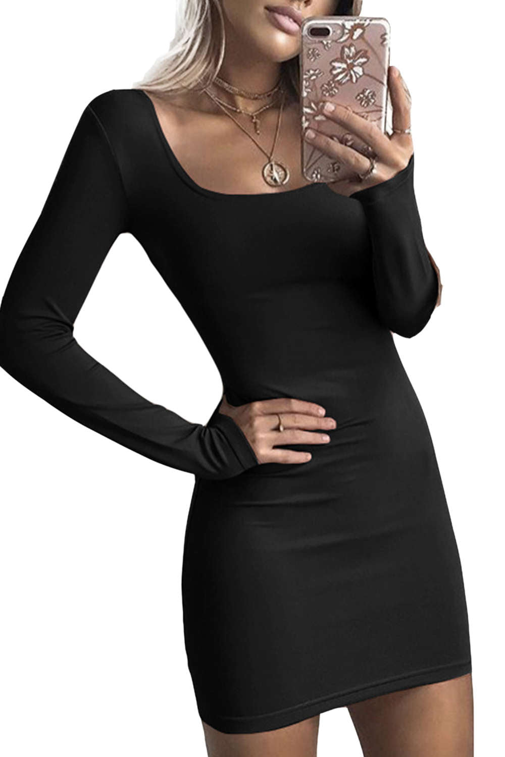 Iyasson Solid Long Sleeve Body-Con Dress