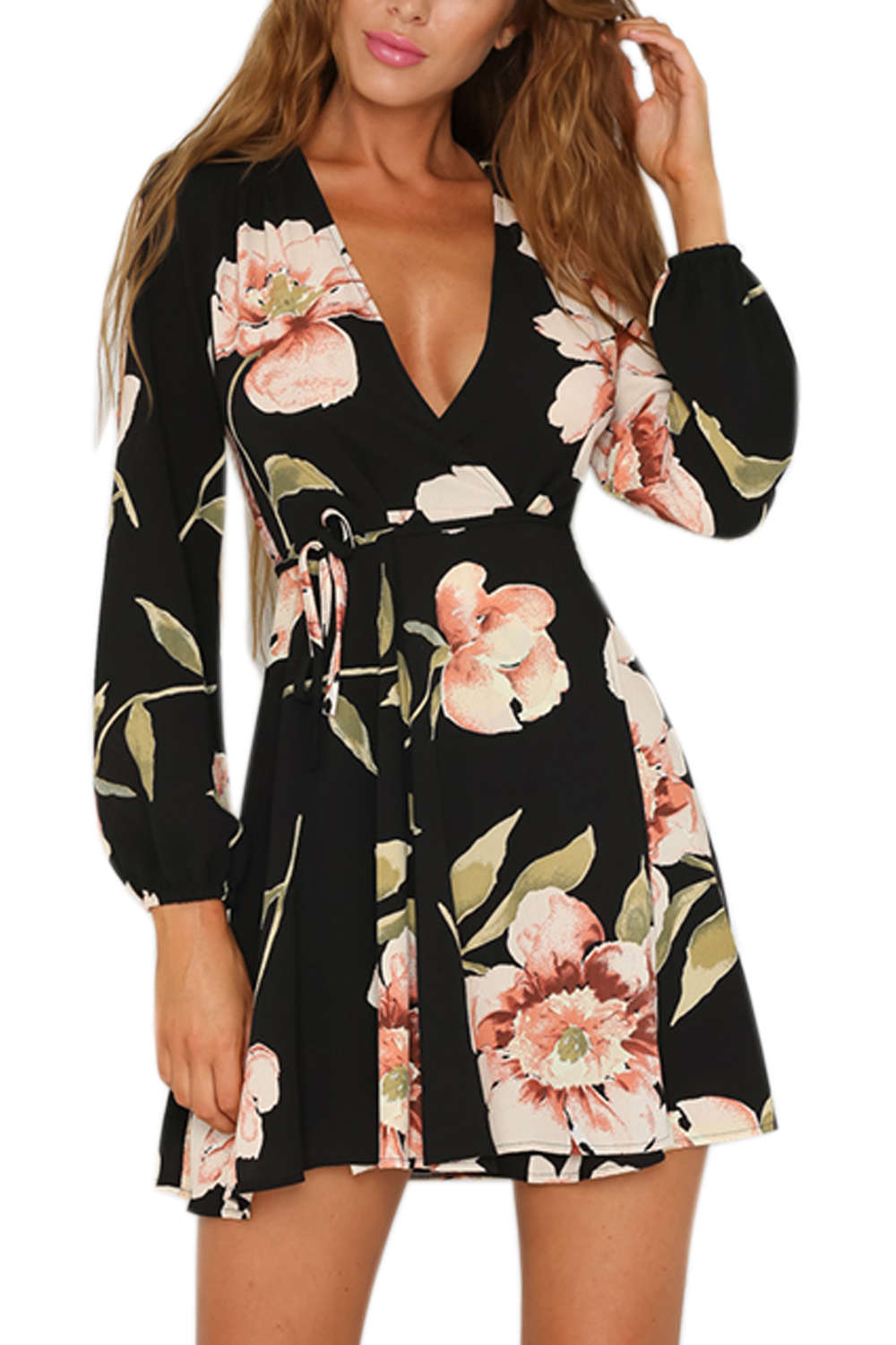 Iyasson Black Floral Printing Wrap Dress