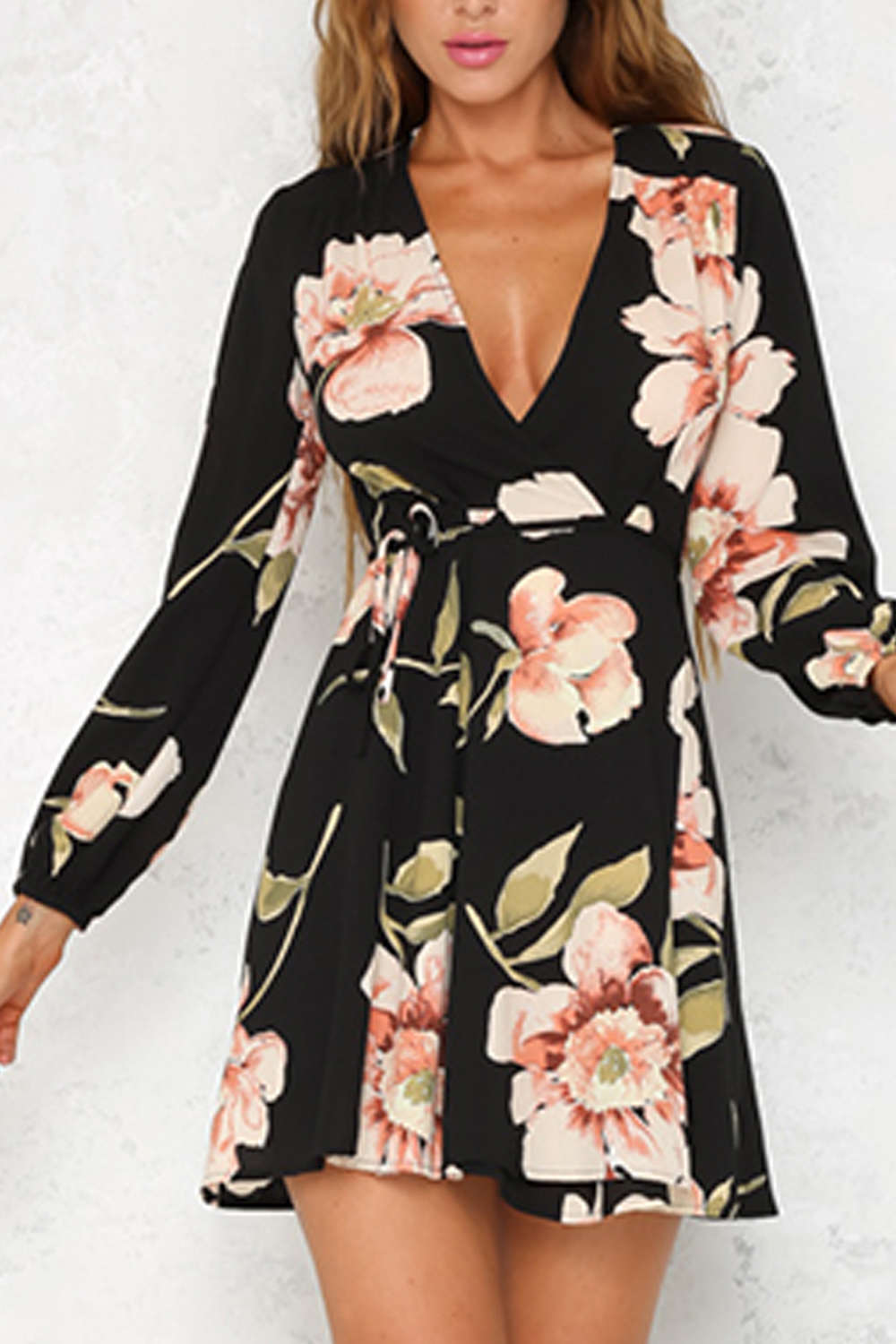 Iyasson Black Floral Printing Wrap Dress