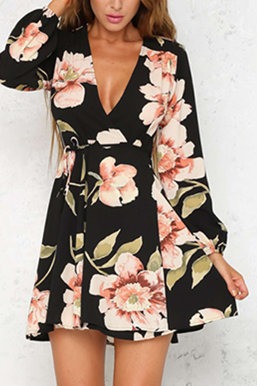 Iyasson Black Floral Printing Wrap Dress