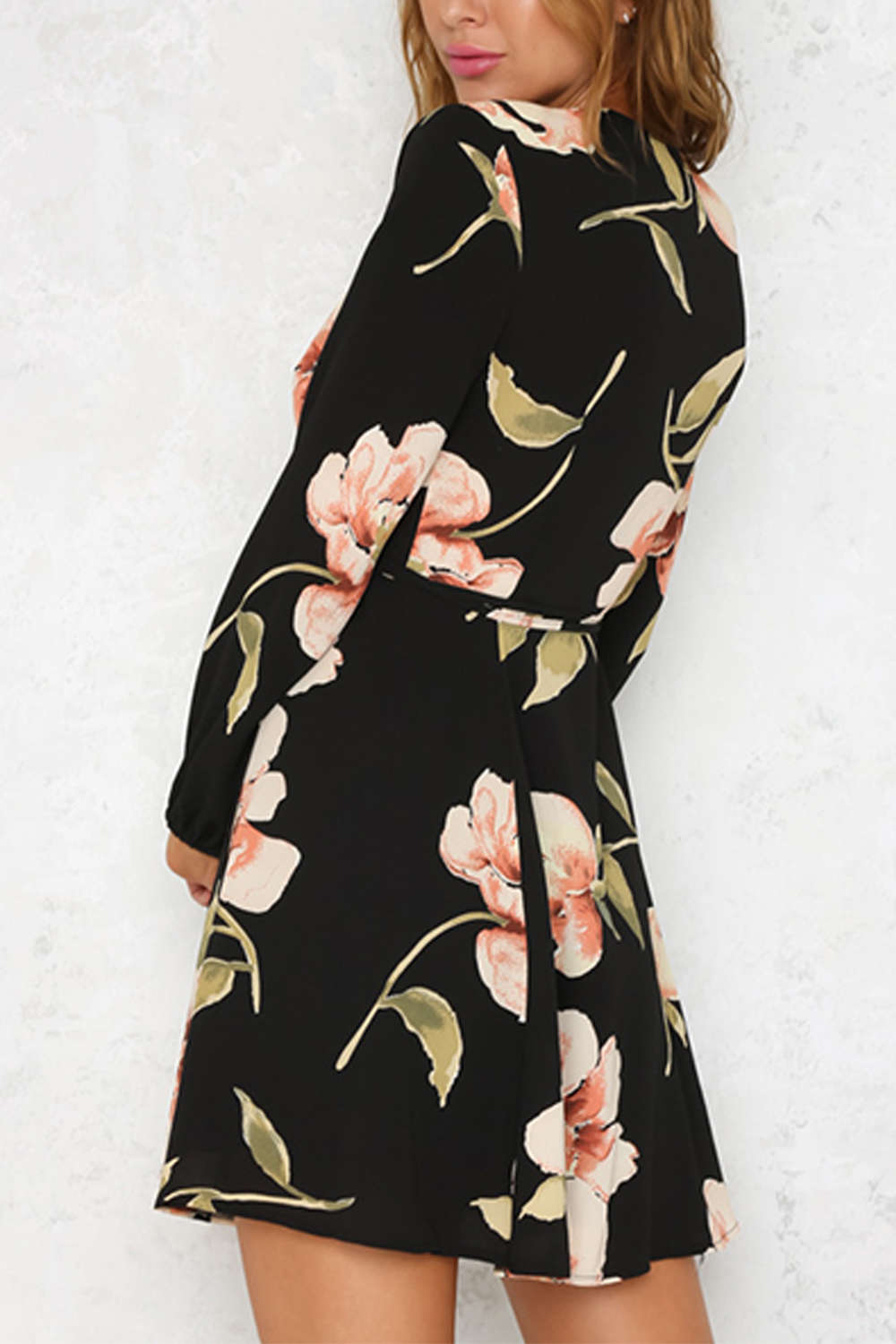 Iyasson Black Floral Printing Wrap Dress