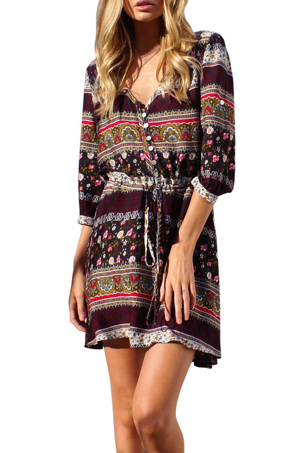 Iyasson Ladies V Neck Floral Mini Beach Dress