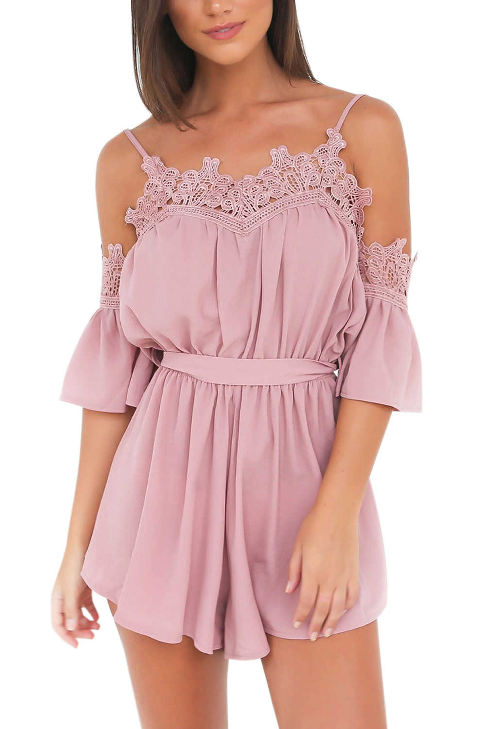 Iyasson Sexy Cold Shoulder Lace Trim Romper