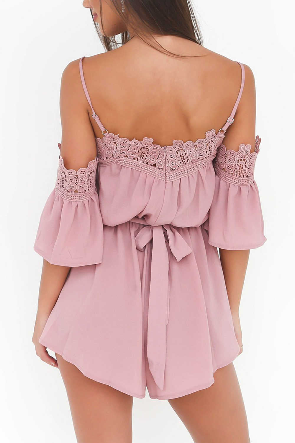 Iyasson Sexy Cold Shoulder Lace Trim Romper