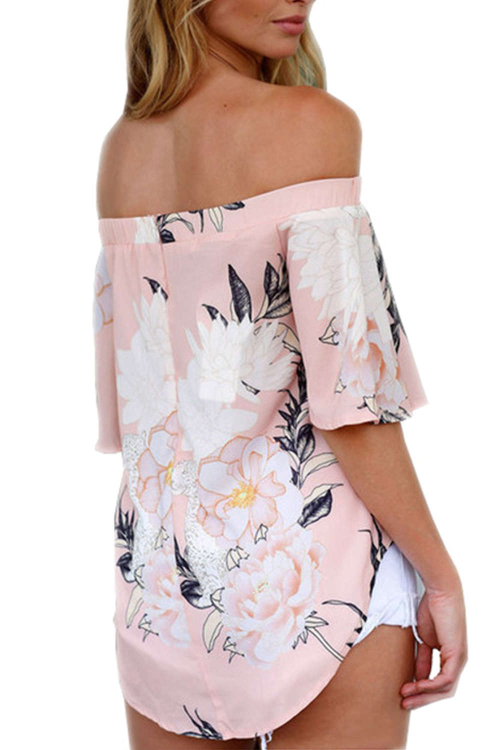 Iyasson Off Shoulder Short Sleeve Cotton Floral Top