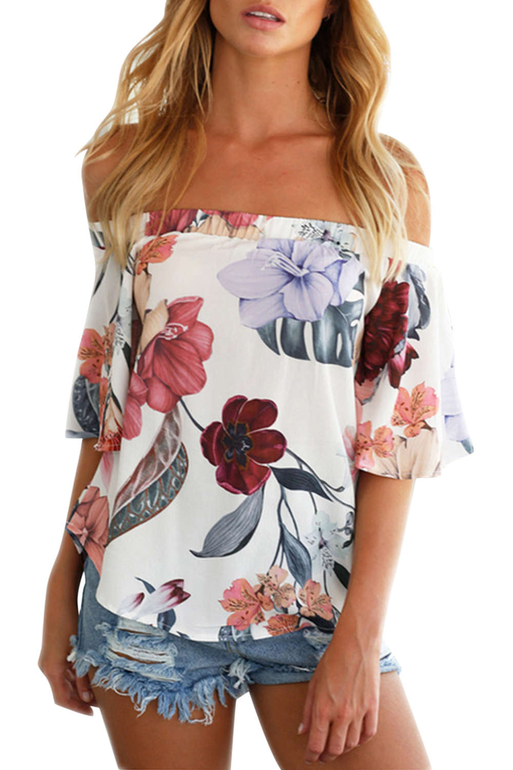 Iyasson Off Shoulder Short Sleeve Cotton Floral Top