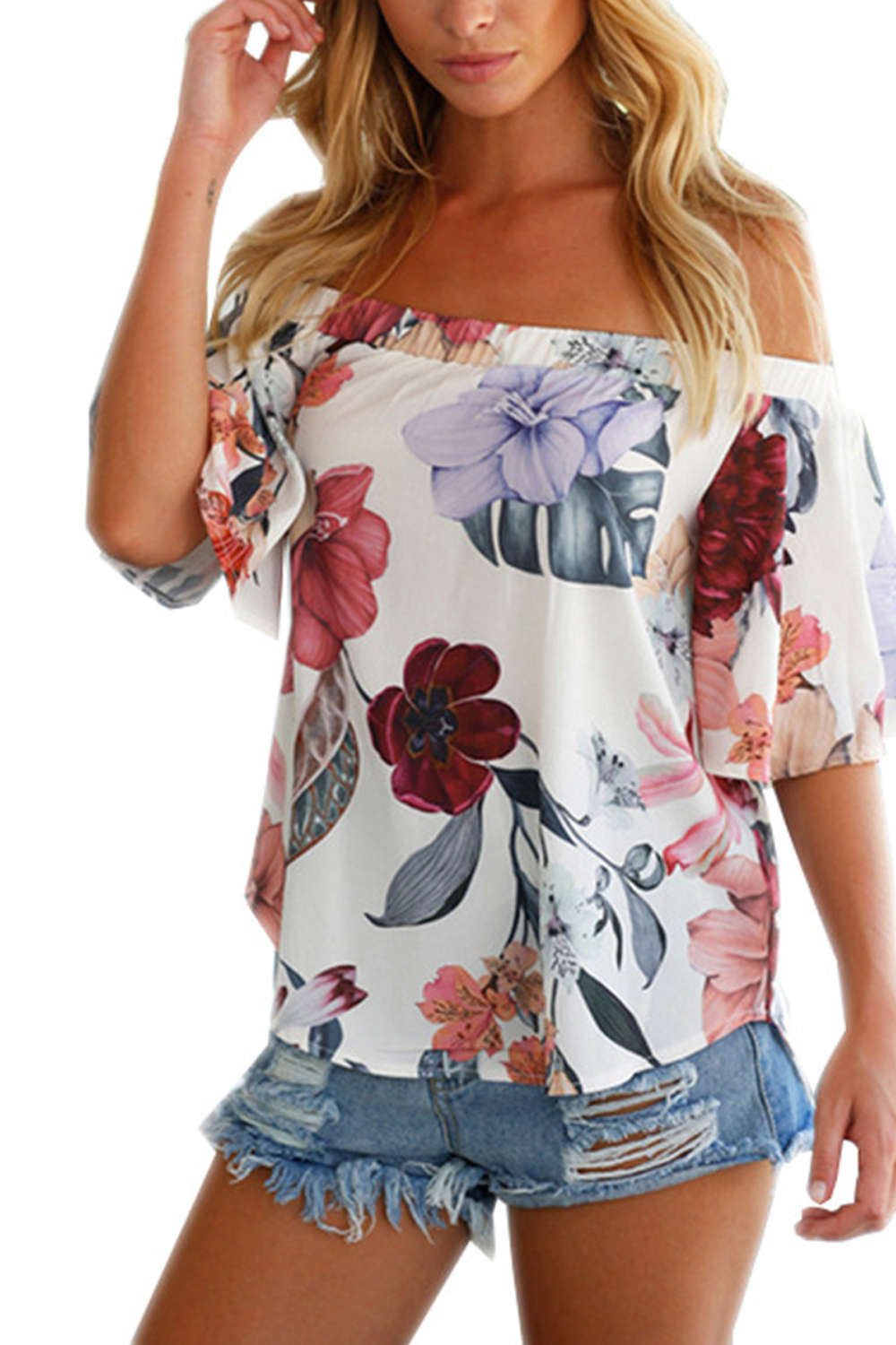 Iyasson Off Shoulder Short Sleeve Cotton Floral Top
