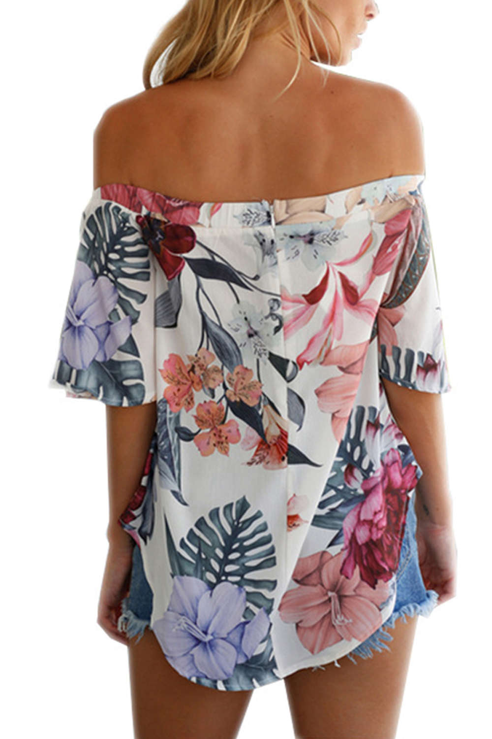 Iyasson Off Shoulder Short Sleeve Cotton Floral Top