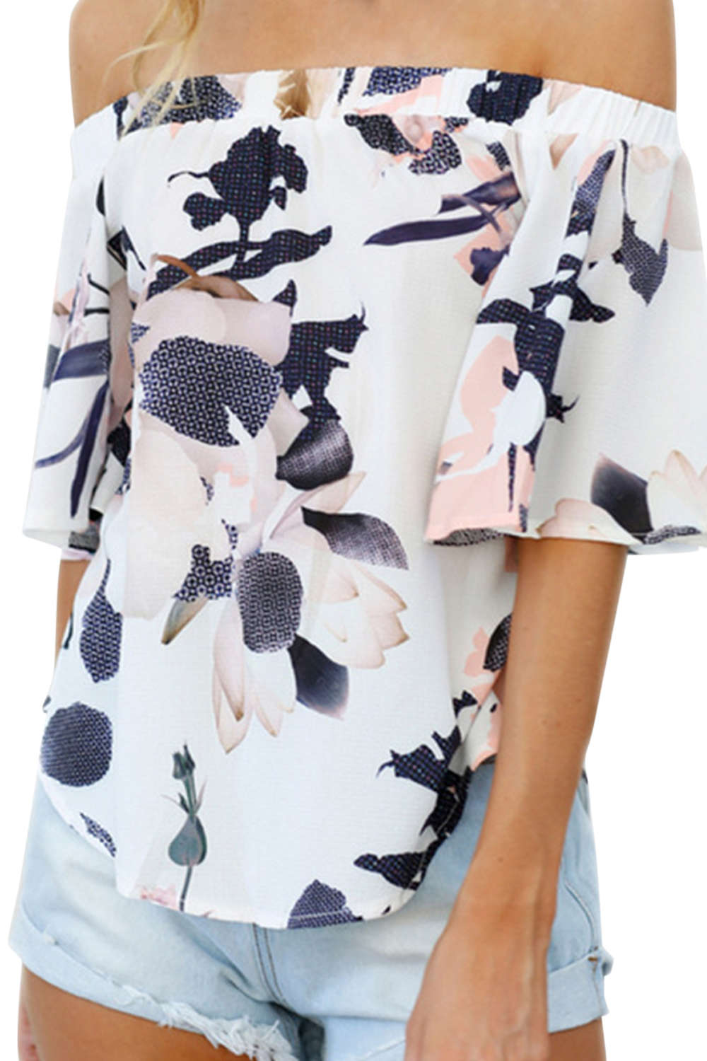 Iyasson Off Shoulder Short Sleeve Cotton Floral Top