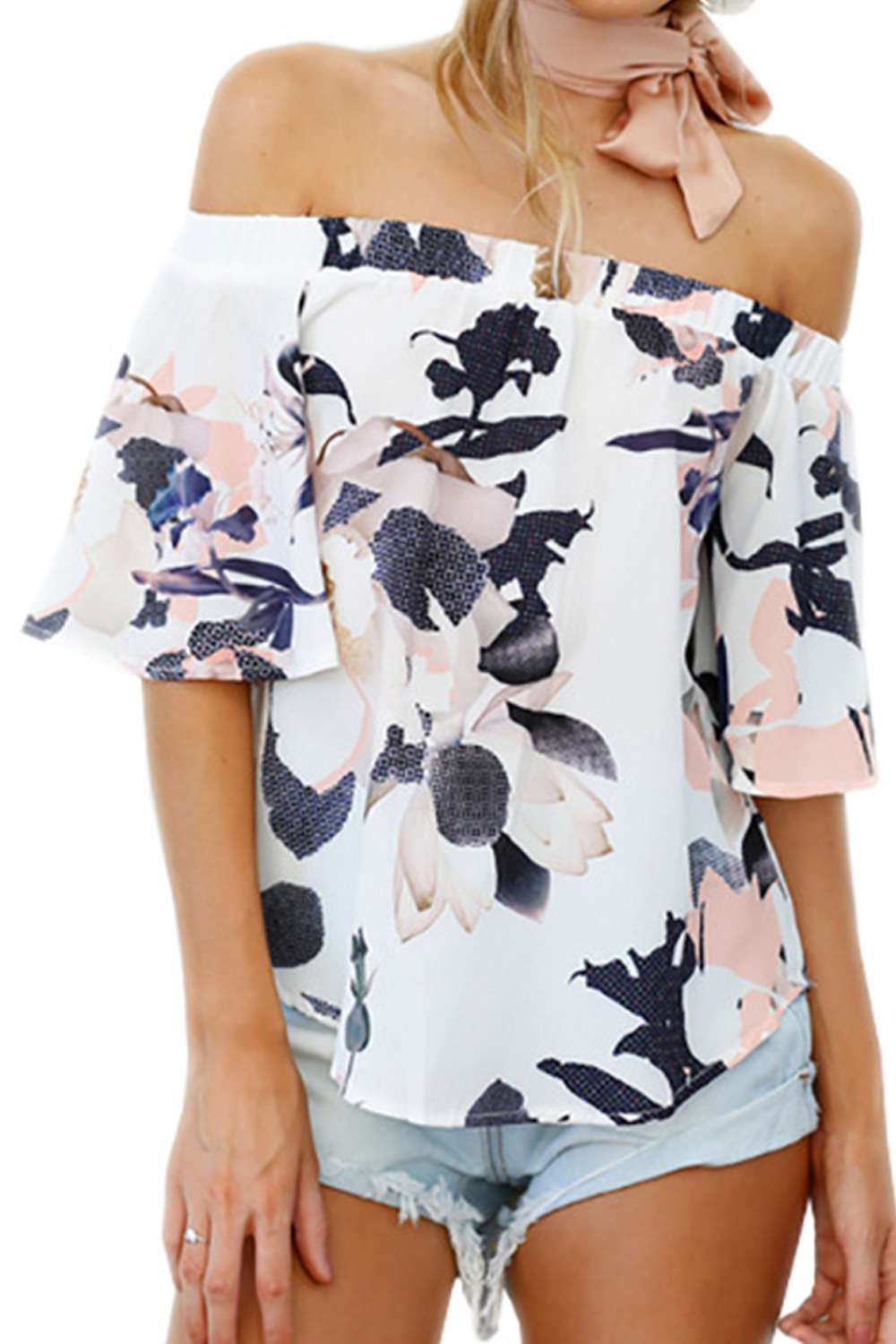 Iyasson Off Shoulder Short Sleeve Cotton Floral Top