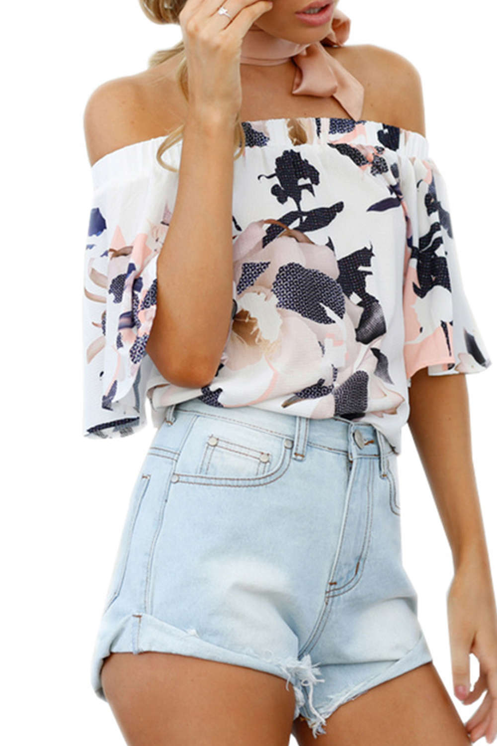 Iyasson Off Shoulder Short Sleeve Cotton Floral Top