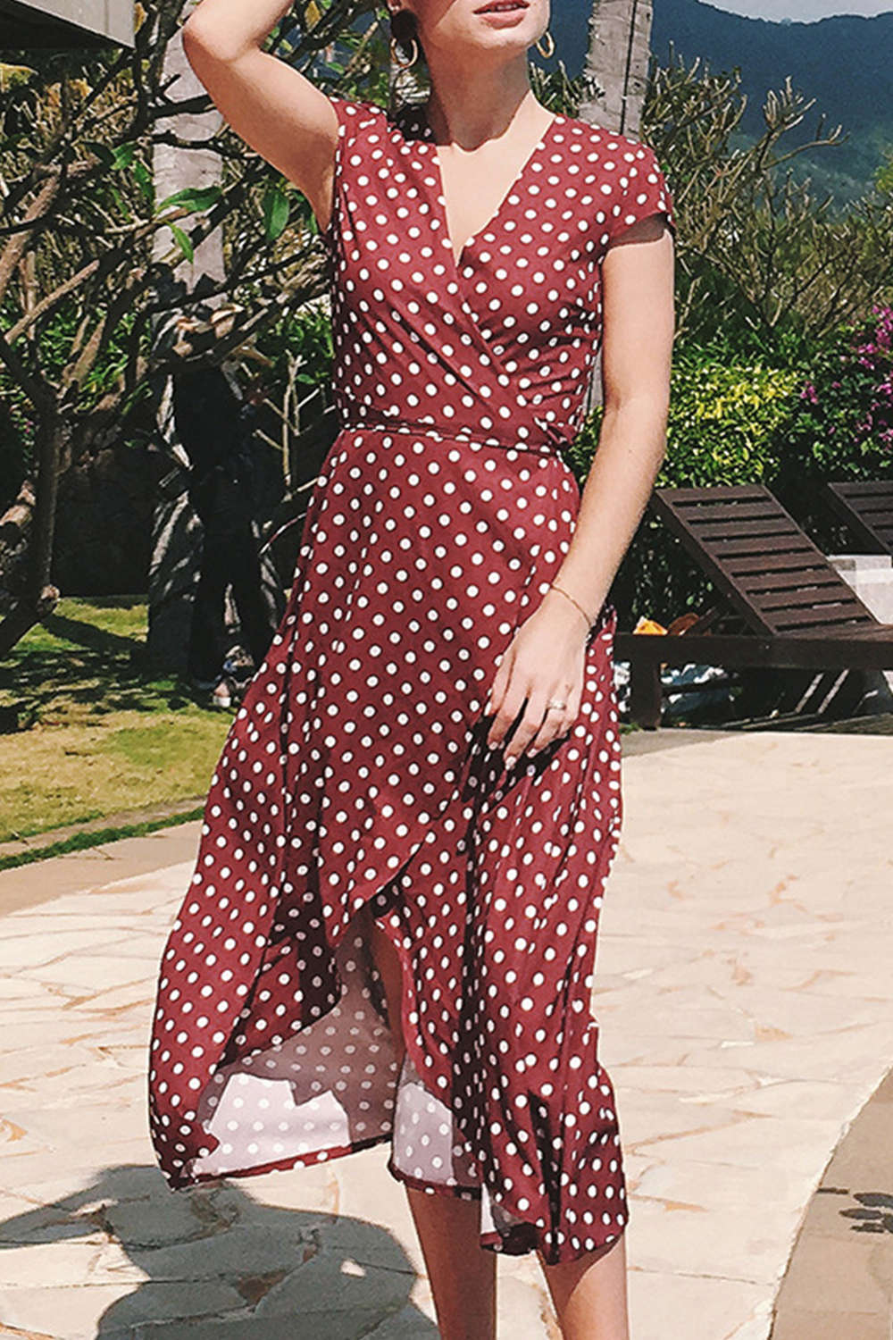 Iyasson Vintage Cross V-neck Polka Dots Wrap Dress