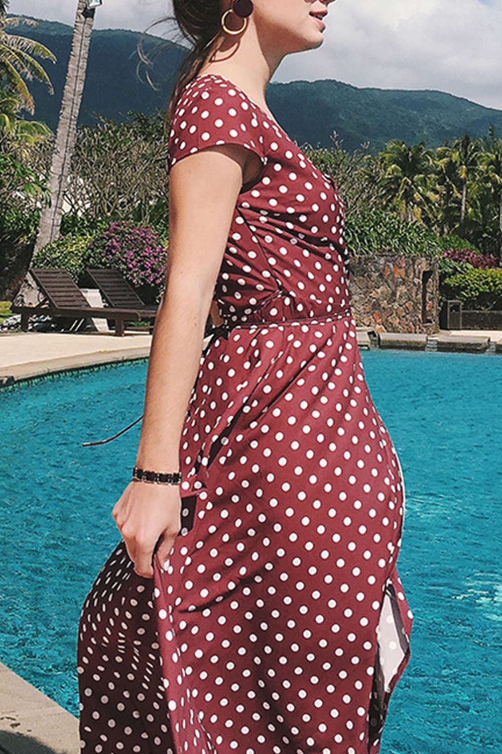 Iyasson Vintage Cross V-neck Polka Dots Wrap Dress