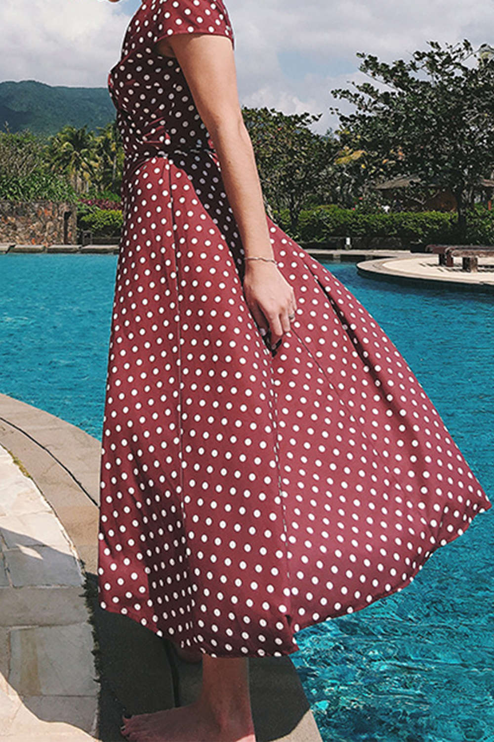 Iyasson Vintage Cross V-neck Polka Dots Wrap Dress