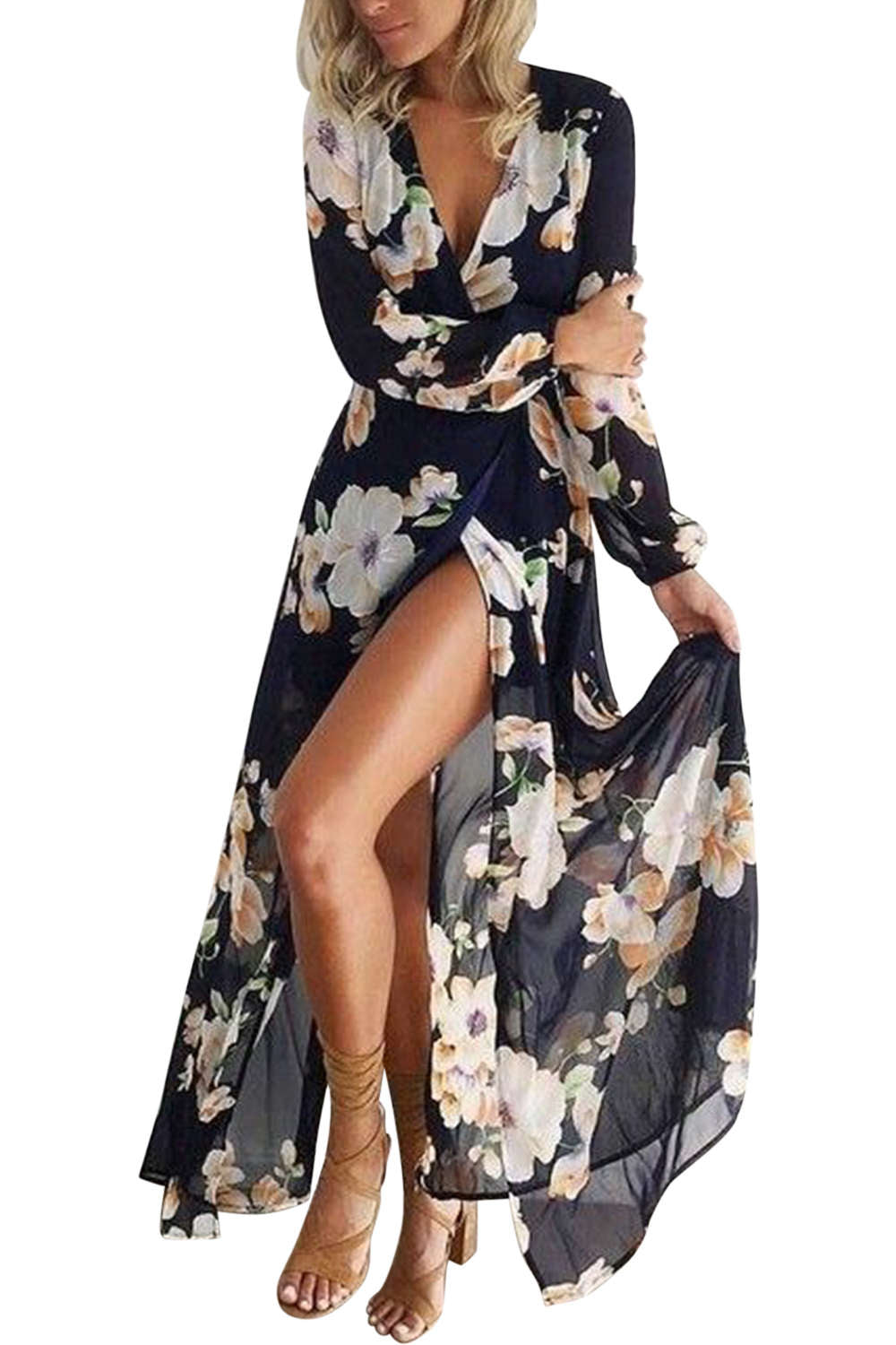 Iyasson Women Cross V-neck Floral Print Wrap Maxi Dress
